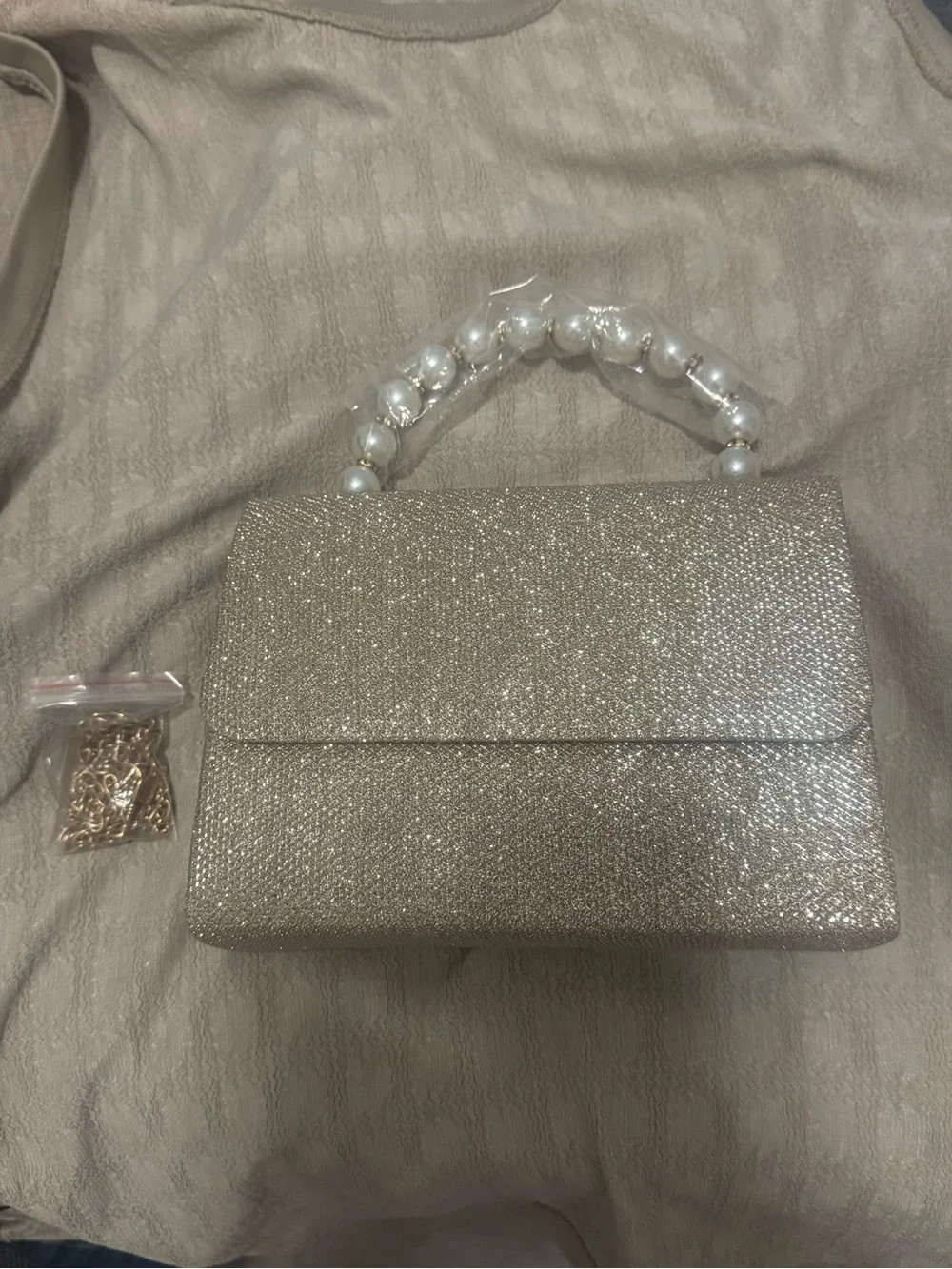 Sparkle Pearl Handle Evening Clutch in Champagne